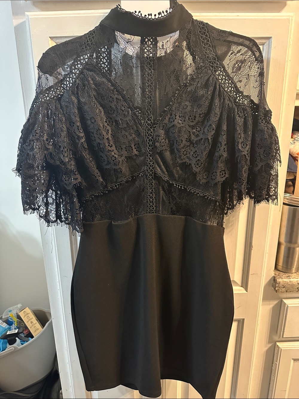 Black Lace High-Neck Mini Dress with Sheer Yoke